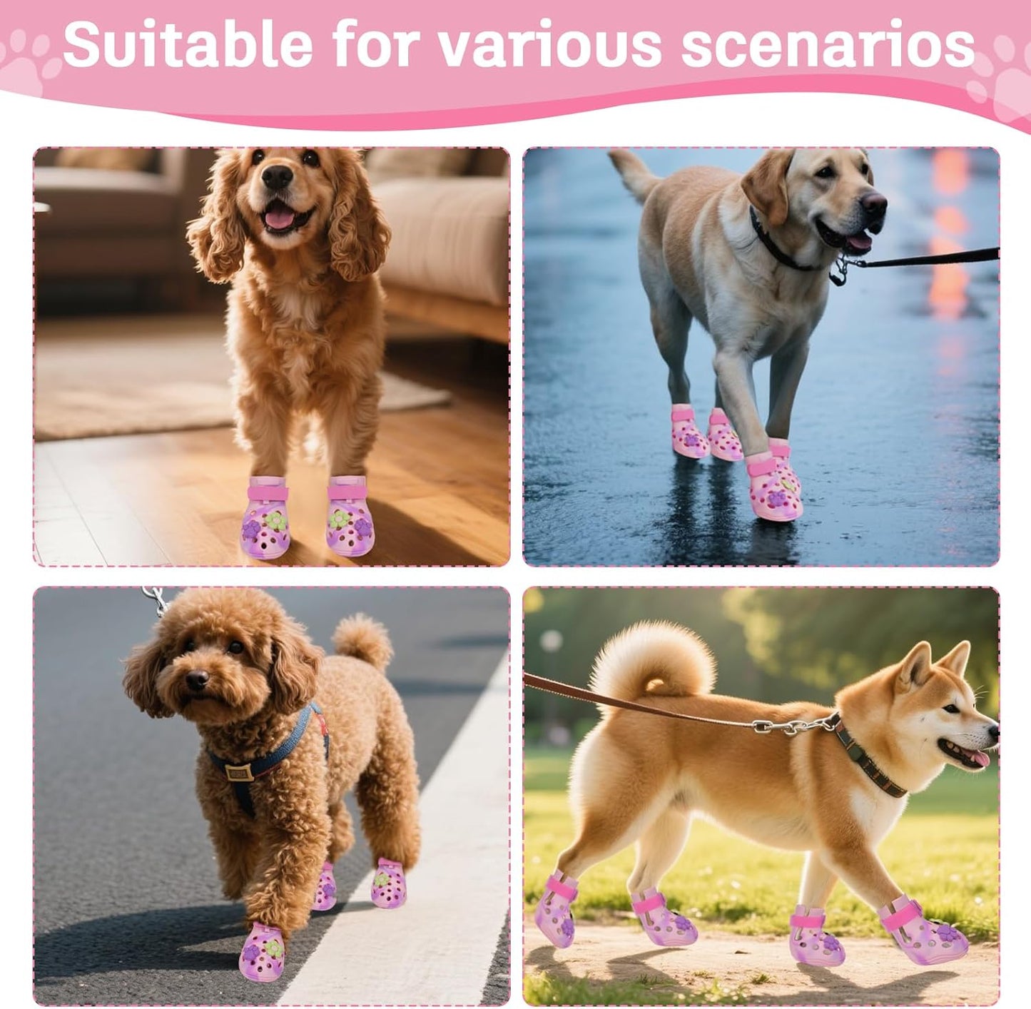Dog Shoes for Hot Pavement, Adjustable Magic Tape Boots for Small, Medium & Large Dogs, Anti-Slip, Easy to Clean Paw Protectors for Beach, Outdoor & Hot Weather (Pink L)
