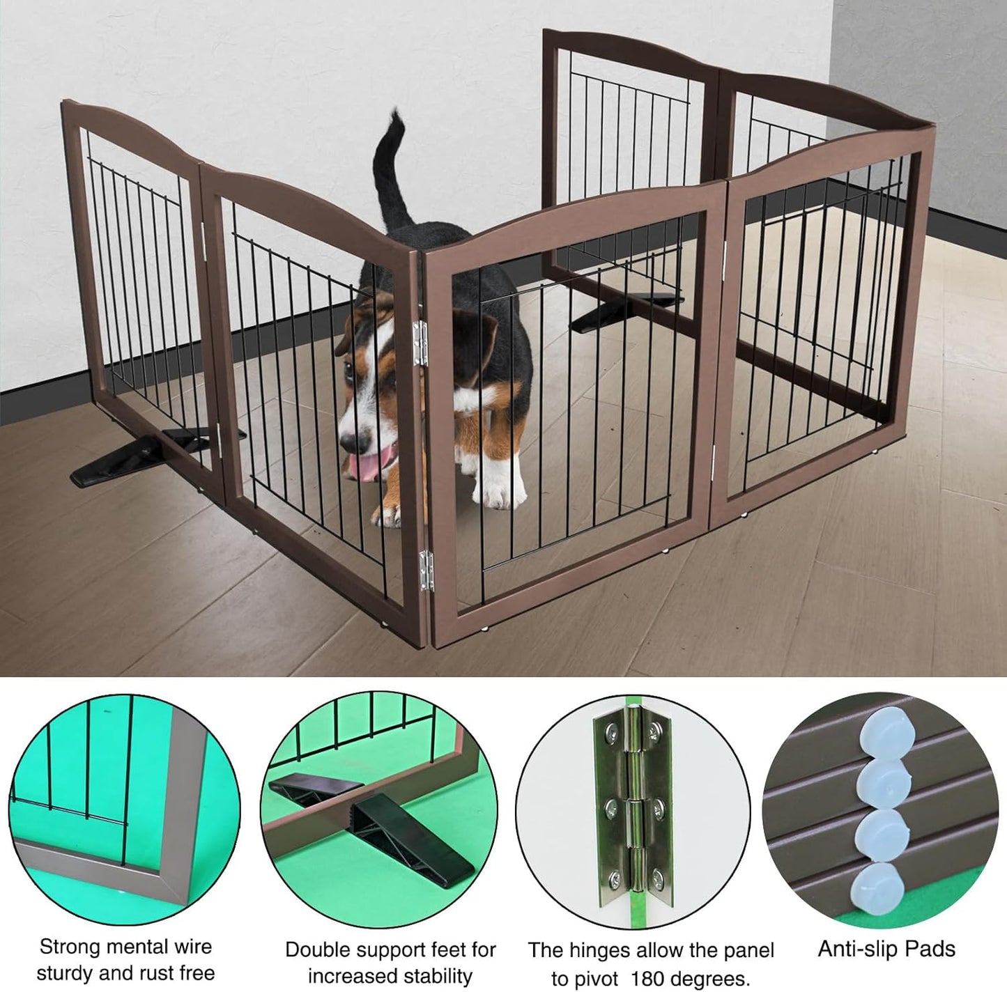 ZJSF Freestanding Dog Fence Indoor, Foldable Dog Gate for Doorways, Stairs or Hallways, Sturdy Wood Extra Wide Pet Gate with Support Feet for The House, Brown, 32 "Height-6 Panels