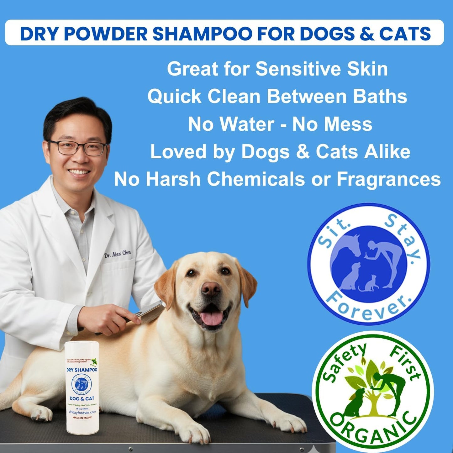 Sit. Stay. Forever. Dry Shampoo for Dogs & Cats – Organic Dry Bath Powder, Talco para Perros, Hypoallergenic, Odor Control for Smelly Dogs, No-Rinse, Anti-Itch, Safe & Natural, Made in The USA, 28 oz