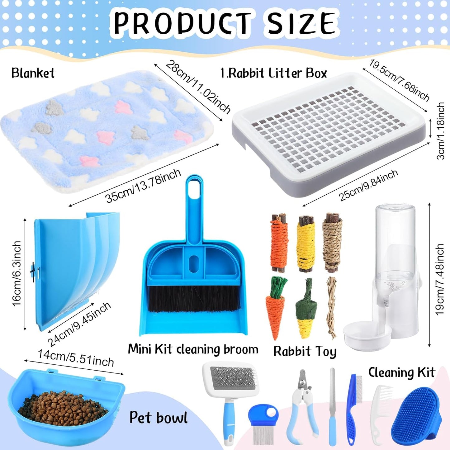 19 Pcs Rabbit Starter Kit Small Bunny Litter Box Animal Grooming Kit Water Bottle Bunny Toys Hay Feeder Bowl Blankets with Cleaning Set for Guinea Pig Rabbit Accessories