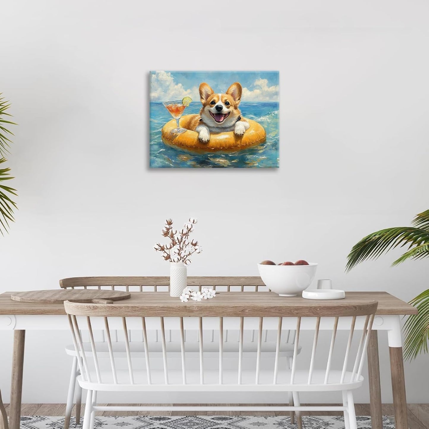 Ocean Funny Corgi Dog Pictures Wall Art, Bathroom Cute Dog Wall Decor Sea Coastal Framed Painting Beach Canvas Artwork for Bathroom Bedroom Living Room Decorations 16"L x 12"W
