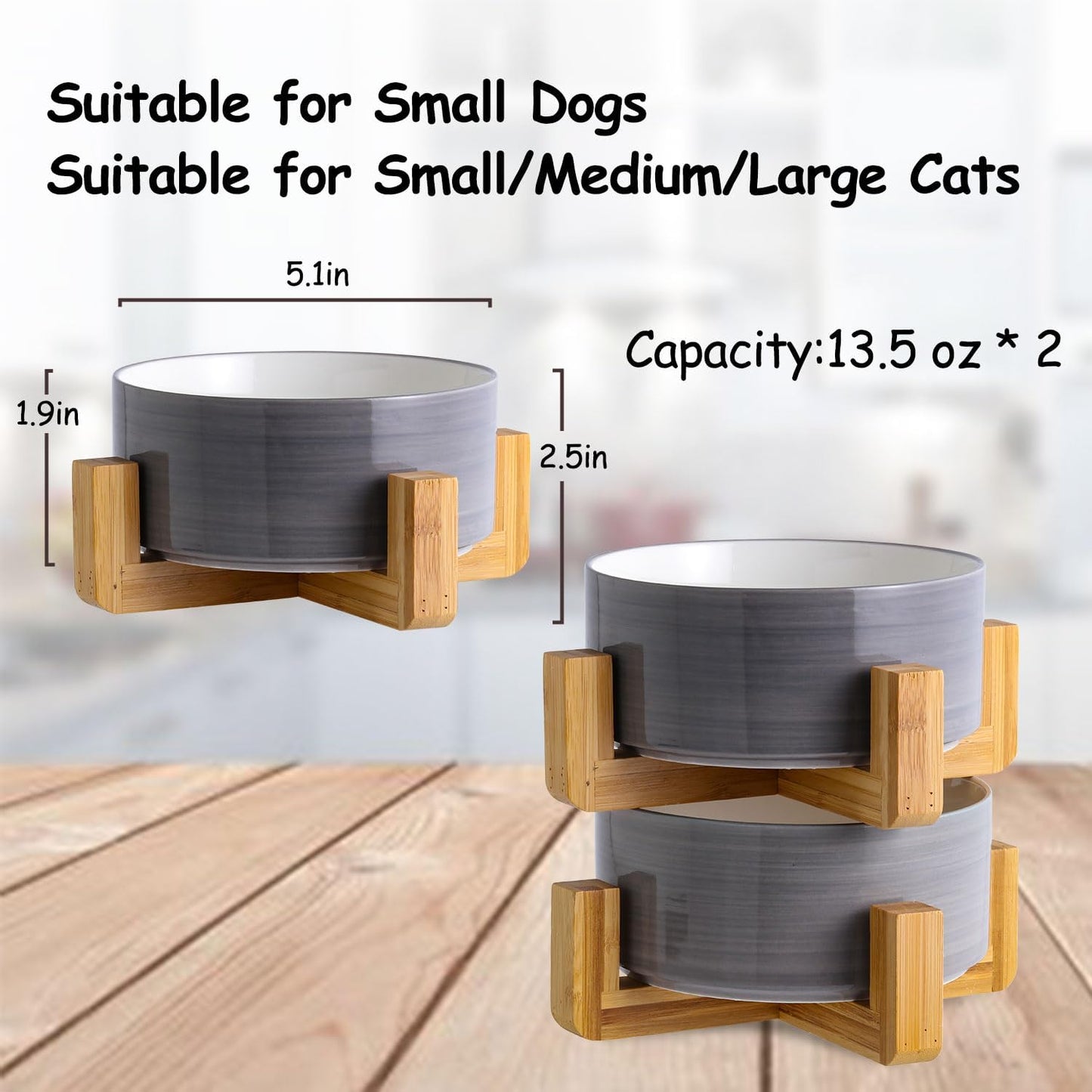 Petygooing Ceramic Cat Dog Bowl Set with Stand,Small Dog Bowls,Pet Food and Water Dish, Anti Slip Set of 2 Cat Bowls-Cute Modern Pet Food Dish Small Size (13.5OZ/5.1 in) Grey White