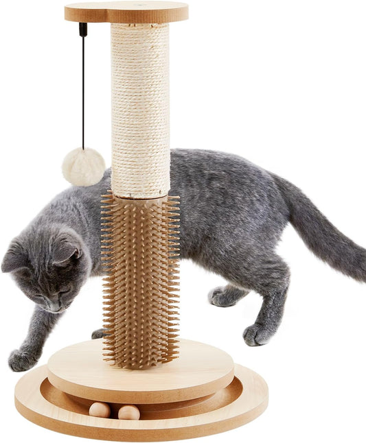 Made4Pets Cat Scratching Post 18" Tall for Small Kittens, 4-in-1 Cat Scratcher with Natural Sisal Ropes, Wooden Turntable Track Toy with Self Grooming Brush, Premium Scratch Pole with Plush Balls