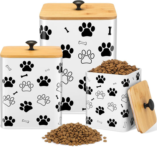 3 Pack Airtight Dog Food Containers with Bamboo Lids, Metal Dog Treat Jars Canisters for Kibble, Biscuits, Snacks, Cookies, Pet Food Storage Set for Kitchen Counter(White)