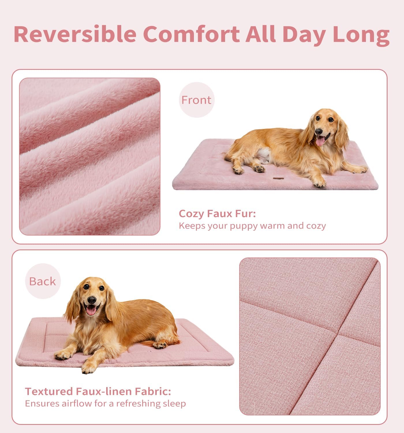 MADE 4 PETS Dog Crate Pad Bed for Large Dogs, Washable & Reversible, Anti-Slip Kennel Mat for Cozy Sleeping, Soft Fluffy Dog Bed for Indoor & Outdoor Use, 44"x32", Pink