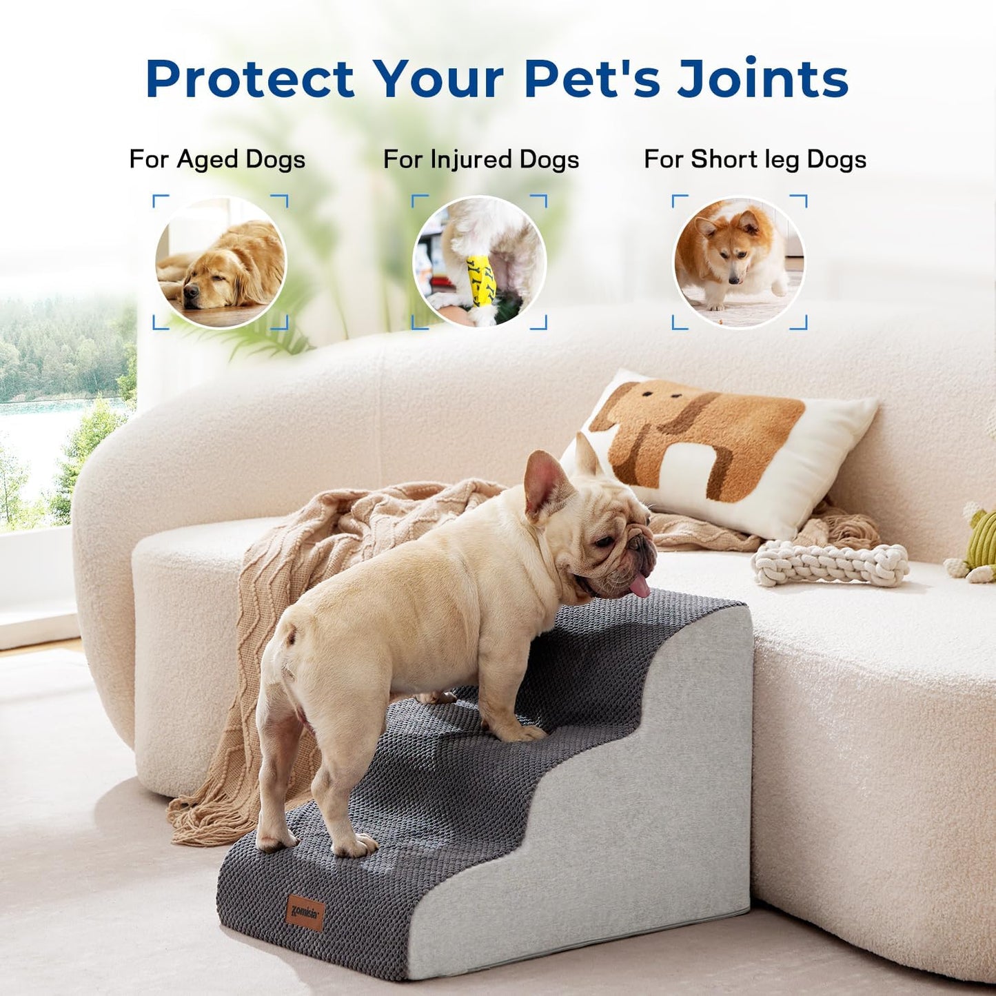 Dog Stairs Ramp for Bed 19.7" H - Pet Stairs Steps for Small to Medium Dogs to Get on Bed and Couch, 35D Foam with Non-Slip Bottom Brown, 4 Steps