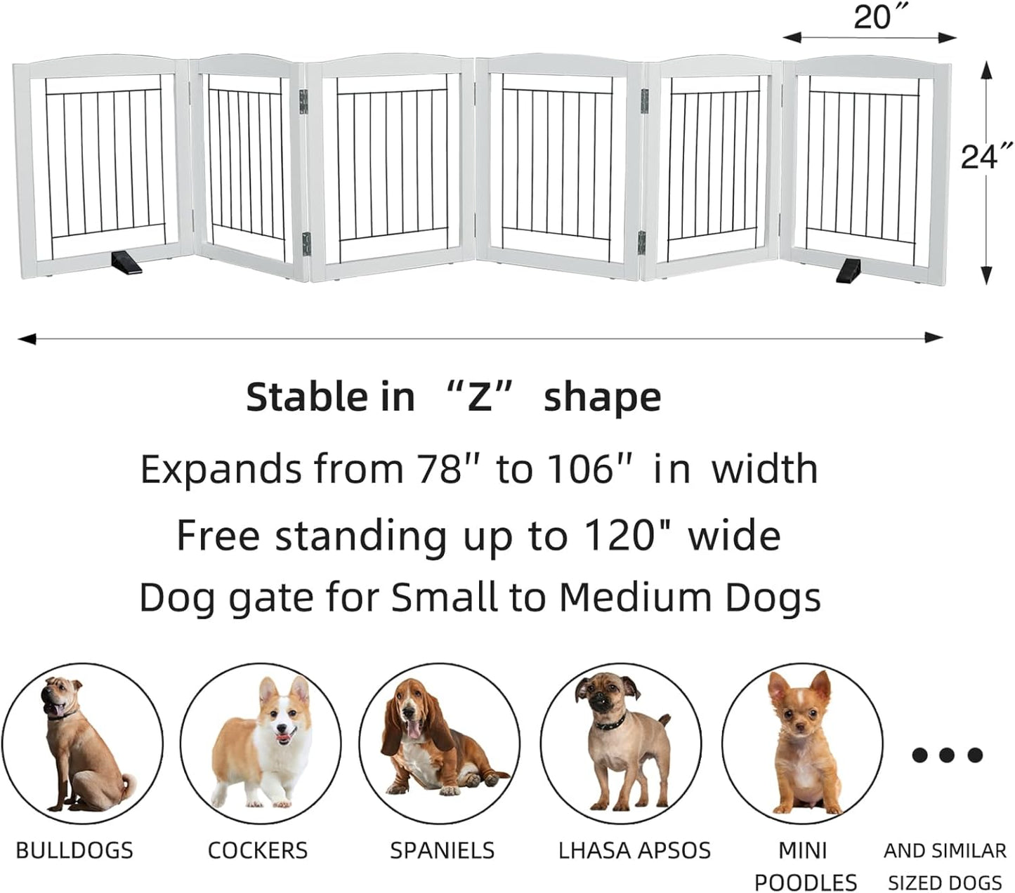 ZJSF Freestanding Dog Fence Indoor, Foldable Dog Gate for Doorways, Stairs or Hallways, Sturdy Wood Extra Wide Pet Gate with Support Feet for The House, White, 24 "Height-6 Panels