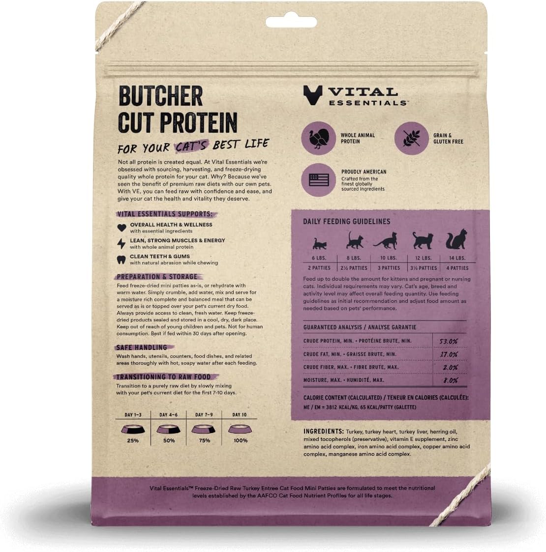 Vital Essentials Freeze Dried Raw Cat Food, Turkey Mini Patties Entree, 15 oz