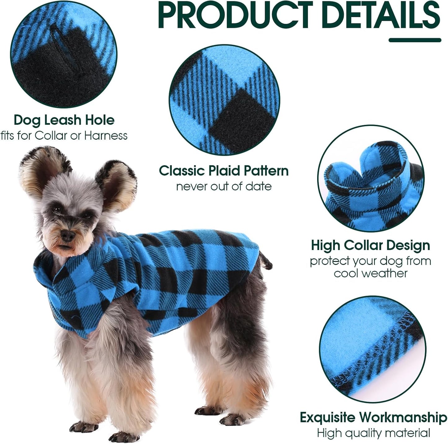 Kuoser Dog Fleece Vest,Warm Plaid Dog Sweater with Leash Hole,Soft Turtleneck Winter Pet Jacket Dogs Coat Pullover Clothes for Small Medium Dogs Cats,Spring Fall Cold Weather Christmas Outfit,Blue S