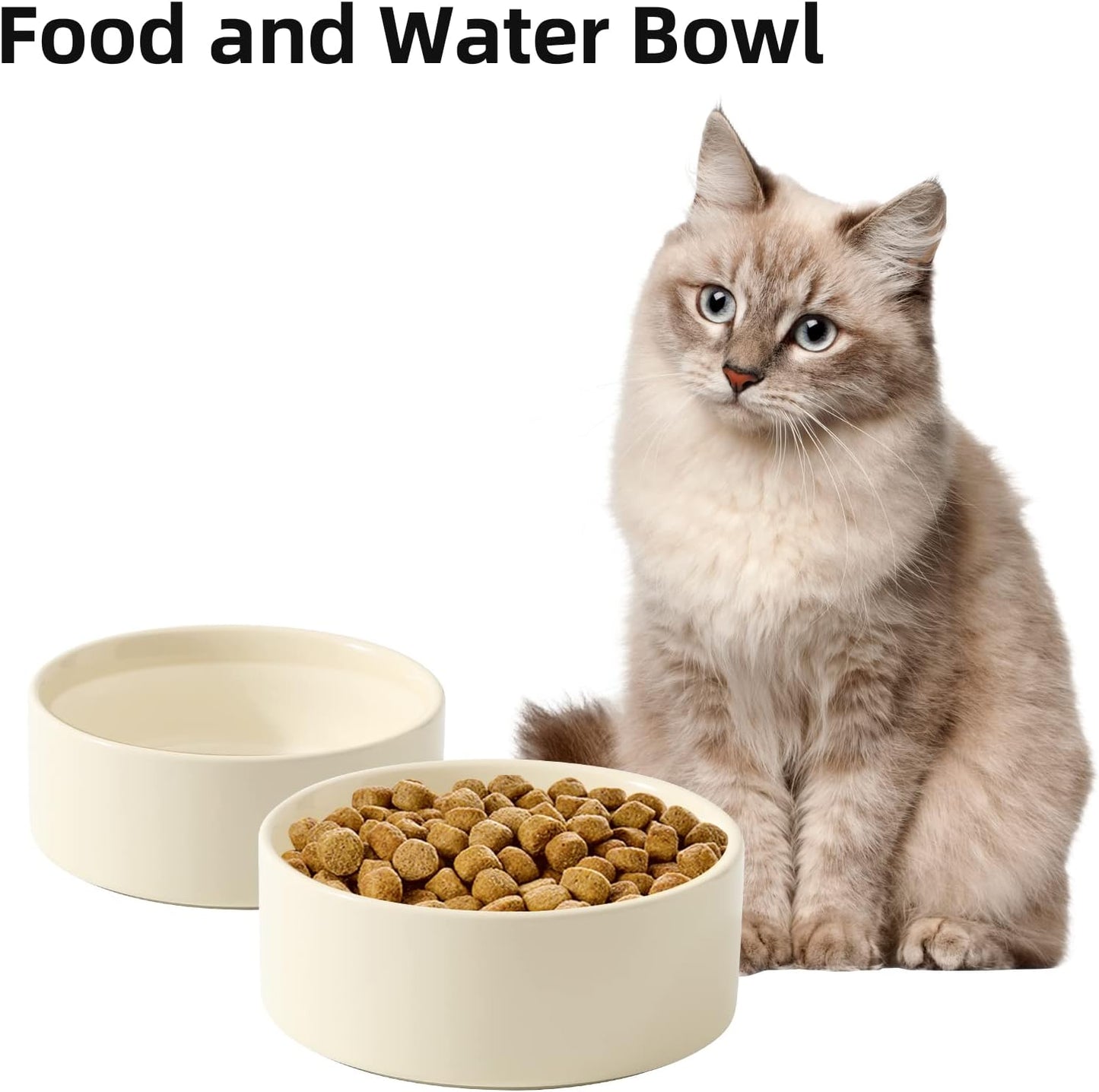 Ceramic Set of 2 Cat Bowls, Food and Water Bowls for Cats, Kitty, 2pcs Cat Dishes, Pet Feeder(5.1inch, 2 x Beige Bowls)