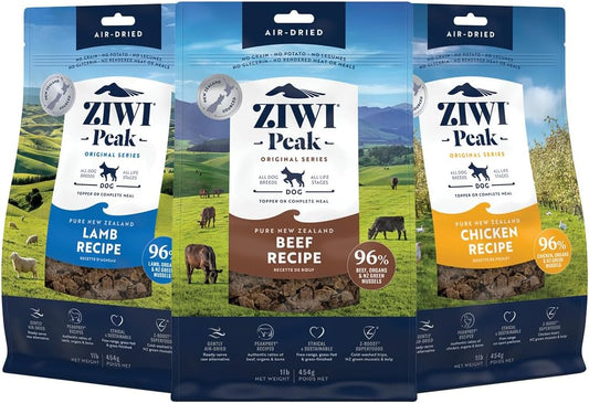 ZIWI Peak Air-Dried Dog Food Bundle - All Natural, High Protein, Grain Free & Limited Ingredient with Superfoods (Beef, Lamb & Chicken, 16oz Each)
