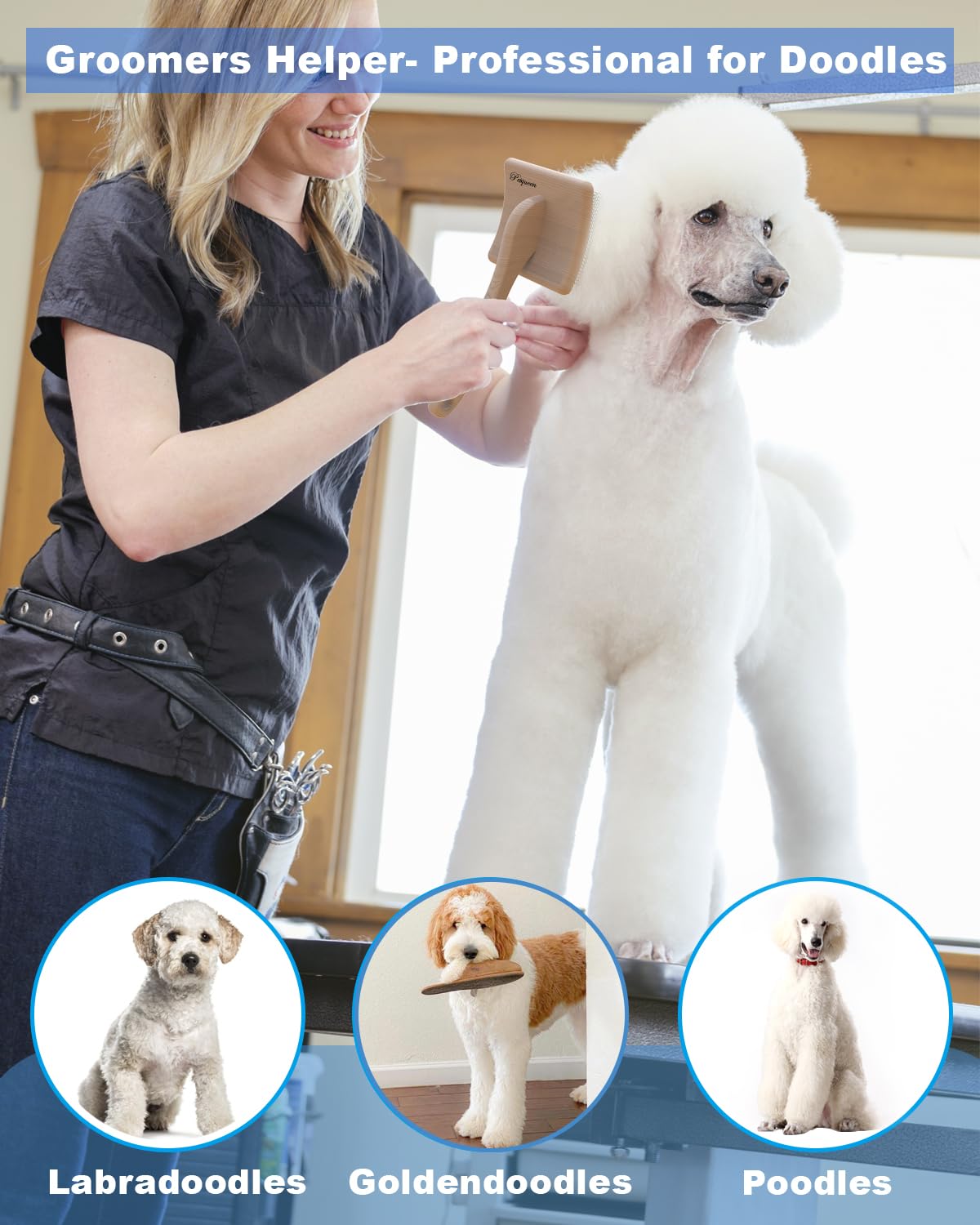 Dog Slicker Brush for Large Dogs, Professional Doodles Brush for Poodles, Goldendoodles and Labradoodles - Easy to Remove Tangles, Mats and Fluff - 3.8"x3.2" Head, 8" Wood Body