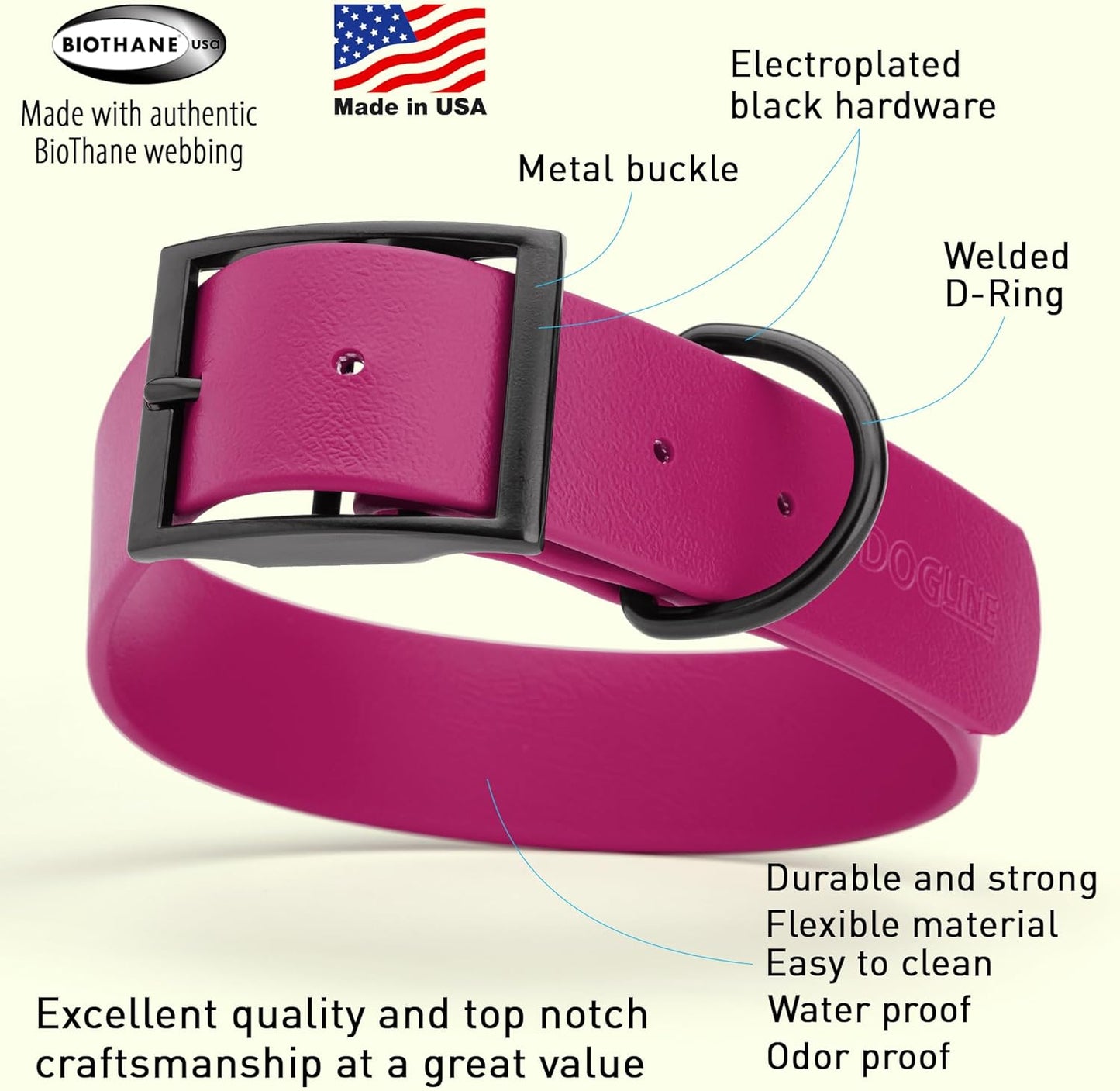 Dogline Biothane Waterproof Dog Collar Strong Coated Nylon Webbing with Black Hardware Odor- Proof for Easy Care Easy to Clean High Performance Fits Small Medium or Large Dogs, Magenta Pink