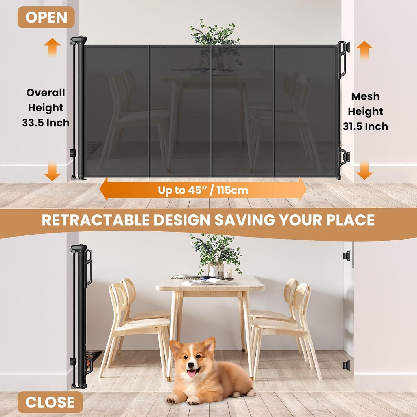 Reinforced Retractable Baby Gate or Mesh Dog Gate,Easy to Use for Stairs, Doorways, Hallways, Indoor, Outdoor, Wide Pet Gate 33.5" Tall, Extends to 45" Wide, Black