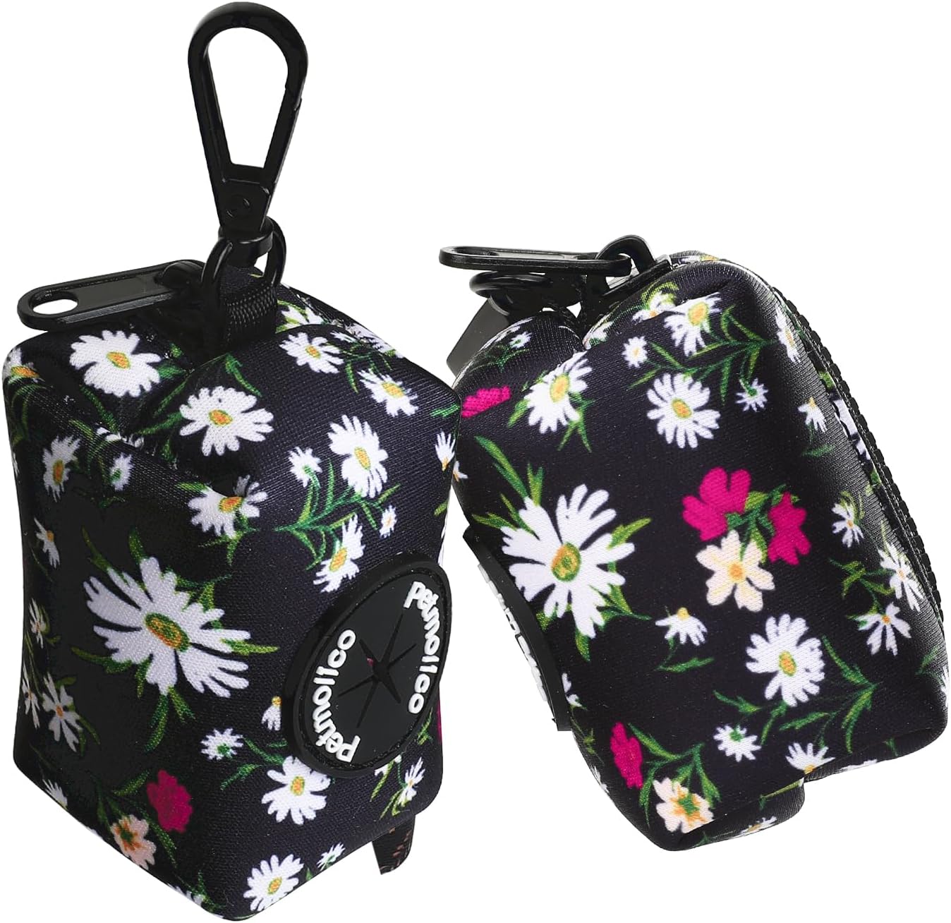 Petmolico Dog Poop Bag Holder Leash Attachment, Dog Waste Bag Dispenser Zippered Pouch, Fits Any Dog Leash, Includes Free Roll of Dog Bags, Poop Bag Dispenser - 2 Packs (White Daisy)