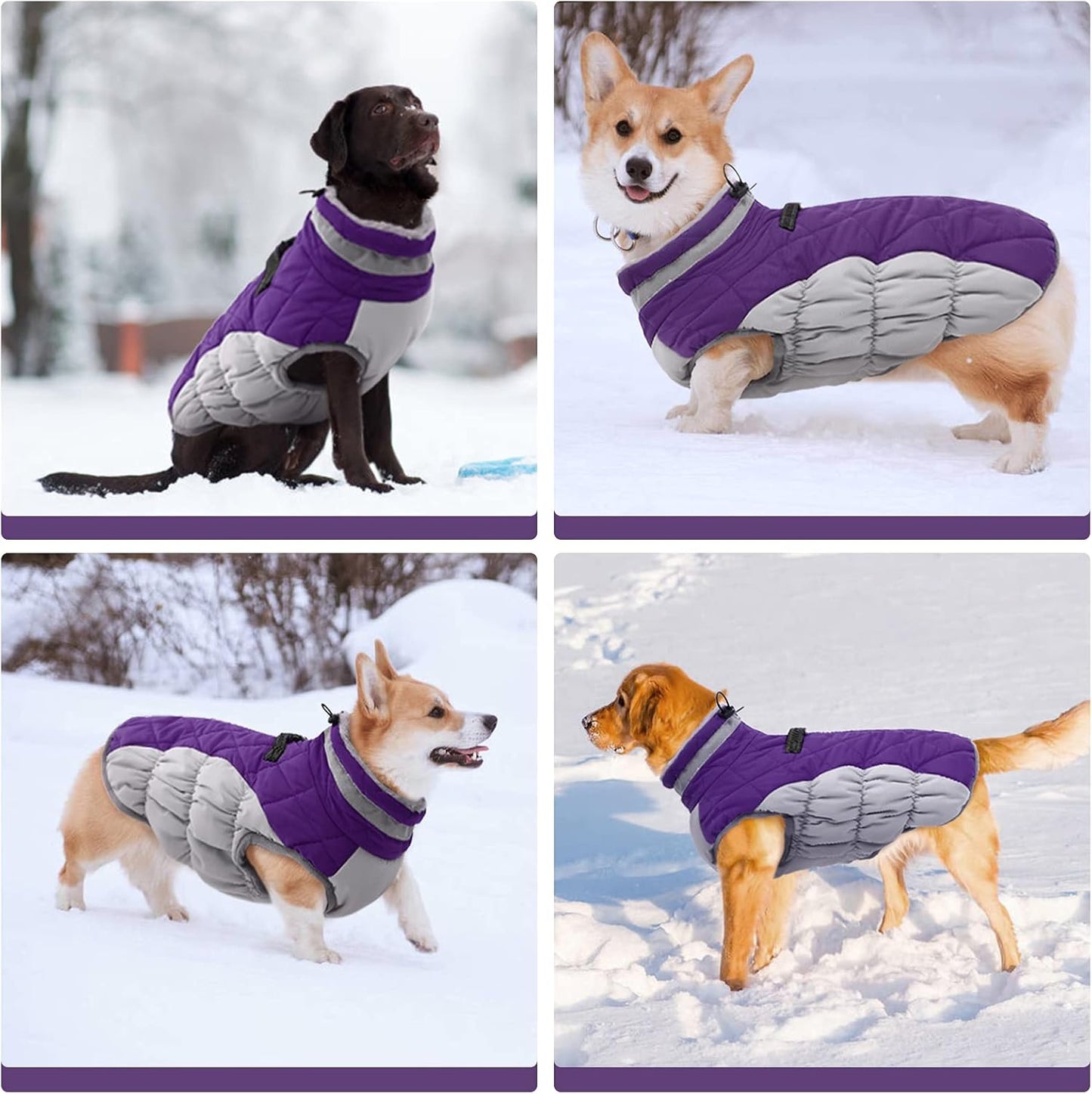 FUAMEY Dog Coat for Large Dogs,Waterproof Dog Winter Jacket with Harness Built in Puppy Cold Weather Coats Reflective Pet Vest with Zipper Warm Fleece Dogs Snowsuit Windproof Purple L