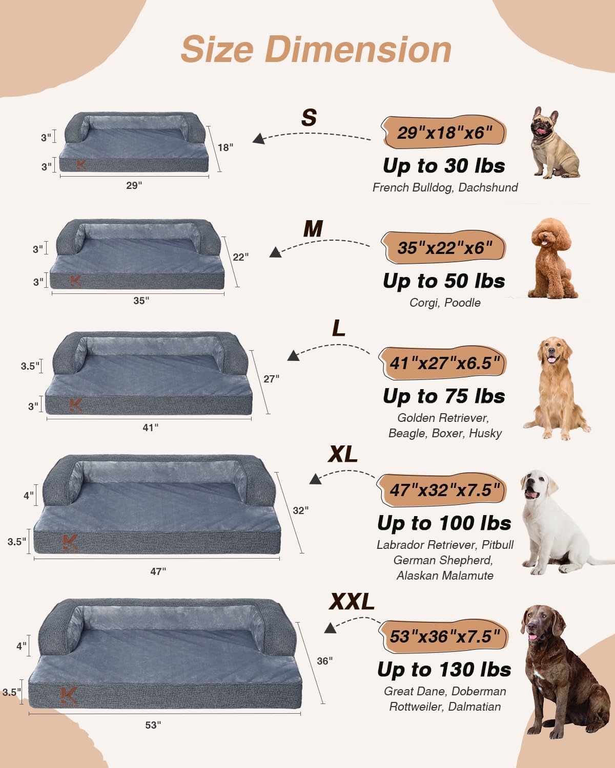 KSIIA Orthopedic Dog Bed for Extra Large Dog，Washable Pet Sofa with U-Shaped Bolster Removable Waterproof Cover Non-Slip Bottom and Egg-Crate Orthopedic Foam Pet Couch Bed, 47 x 32 Inch, Dark Gray