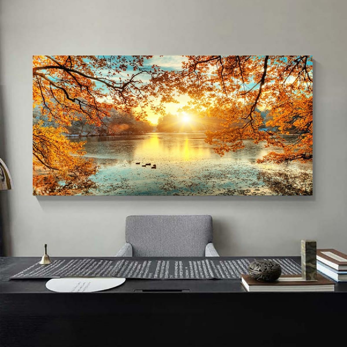 Yxbhhym-Landscape Tree Canvas Wall Art Fall Forest Sunset Wall Decor Poster Lake Water Pictures for bedroom wall decor Natural Scenery Paintings Artwork Modern Living Room Decor Home Office Decoration