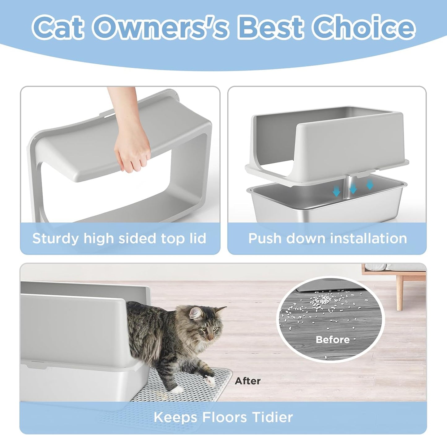 LIHONG Stainless Steel Cat Litter Box, XL Metal with Lid, Cat Litter Pan for Large Cats, Non-Sticky Large Kitty Litter Box, Anti-Leakage, 23.5" X 15.5" X 14" XXL