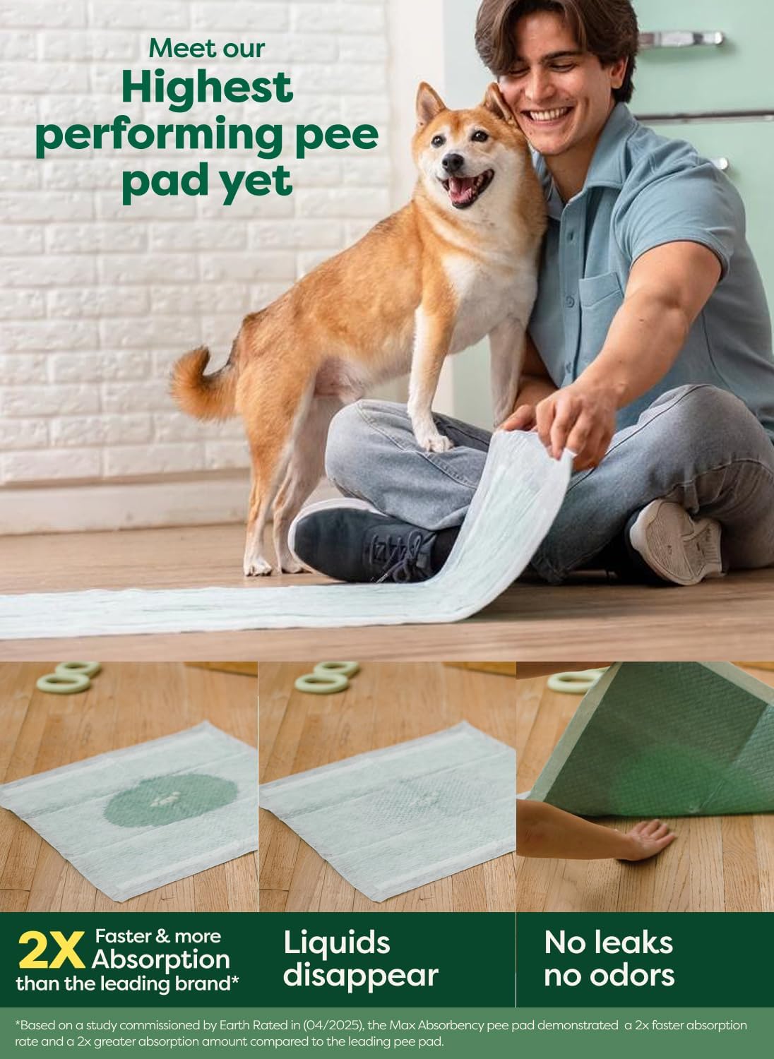 Earth Rated Max Absorbency Puppy Pee Pads for Dogs Absorbs 2X Faster & 2X More, Leak-Proof Odor-Free Potty Training Wee Wee Pad, Unscented, Large, 22” x 23”, 75 Count