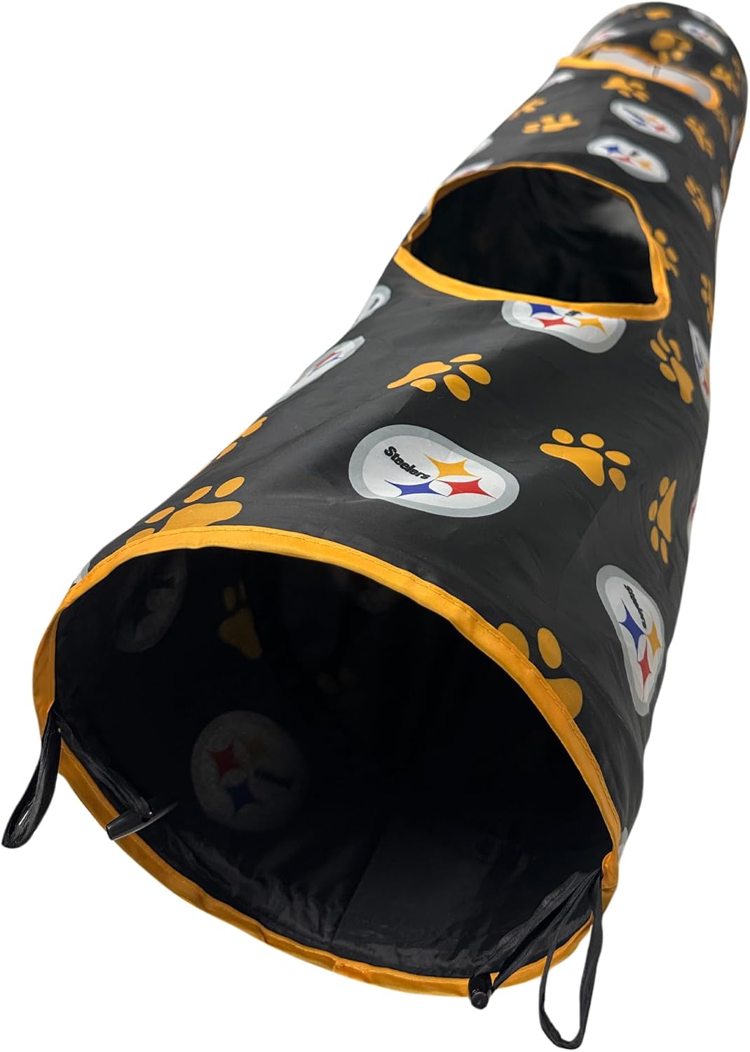 NFL Pittsburgh Steelers Cat Tunnel Tube Toy with Plush Football Catnip and Feathers Collapsible Tunnel for Cats to Play, Peek and Hide, Sporty & Fun Cat Tunnel Toy with Team Logo All-Over Design!