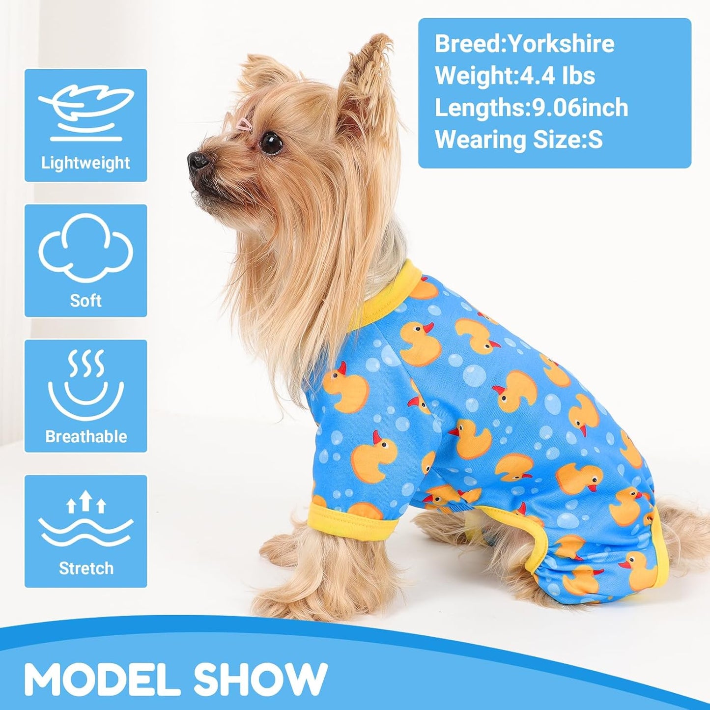 Dog Pajamas Small Sized Dogs Stretchable Summer Dog Clothes Pjs 4 Legs Girl Boy Cute Soft Puppy Outfits Doggie Cat Jammies Jumpsuit Sleeper for Pet, Blue Duck, S