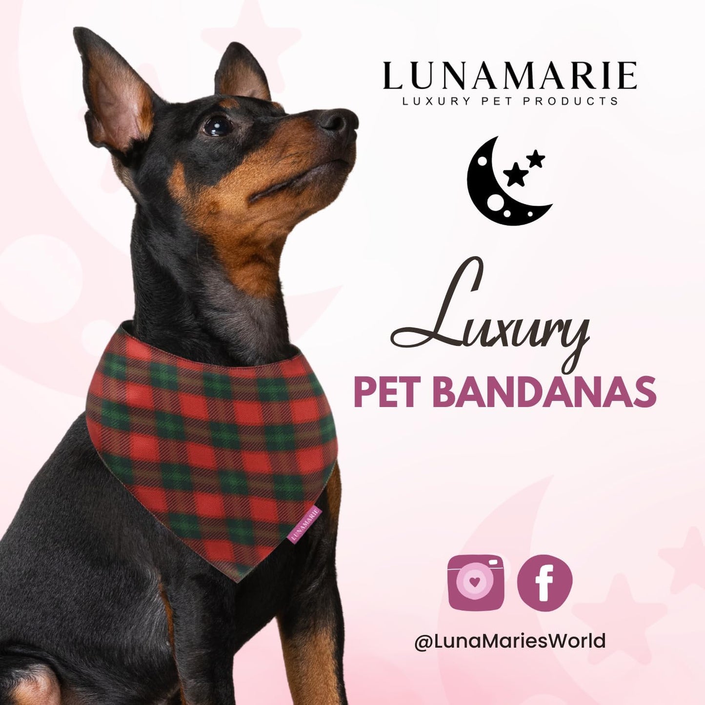 LunaMarie - Luxury Pet Birthday Bandanas -Premium & Silky Poly Fabric | 100% Handmade | Custom Shape Dual Layered (Jingle Plaid, Large)