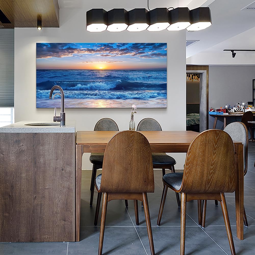 Lapremoly Framed Canvas Wall Art - Large Blue Ocean Beach Wall Painting for Living Room, Bedroom & Office - 24" x 48"