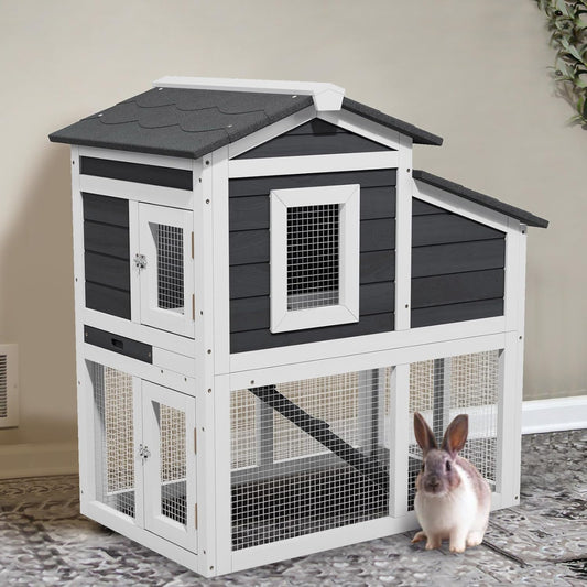 2 Story Rabbit Cage, Weatherproof Rabbit Hutch Indoor & Outdoor, Wooden Guinea Pig Cages with Removable Tray Openable Roof for Small to Medium Animals