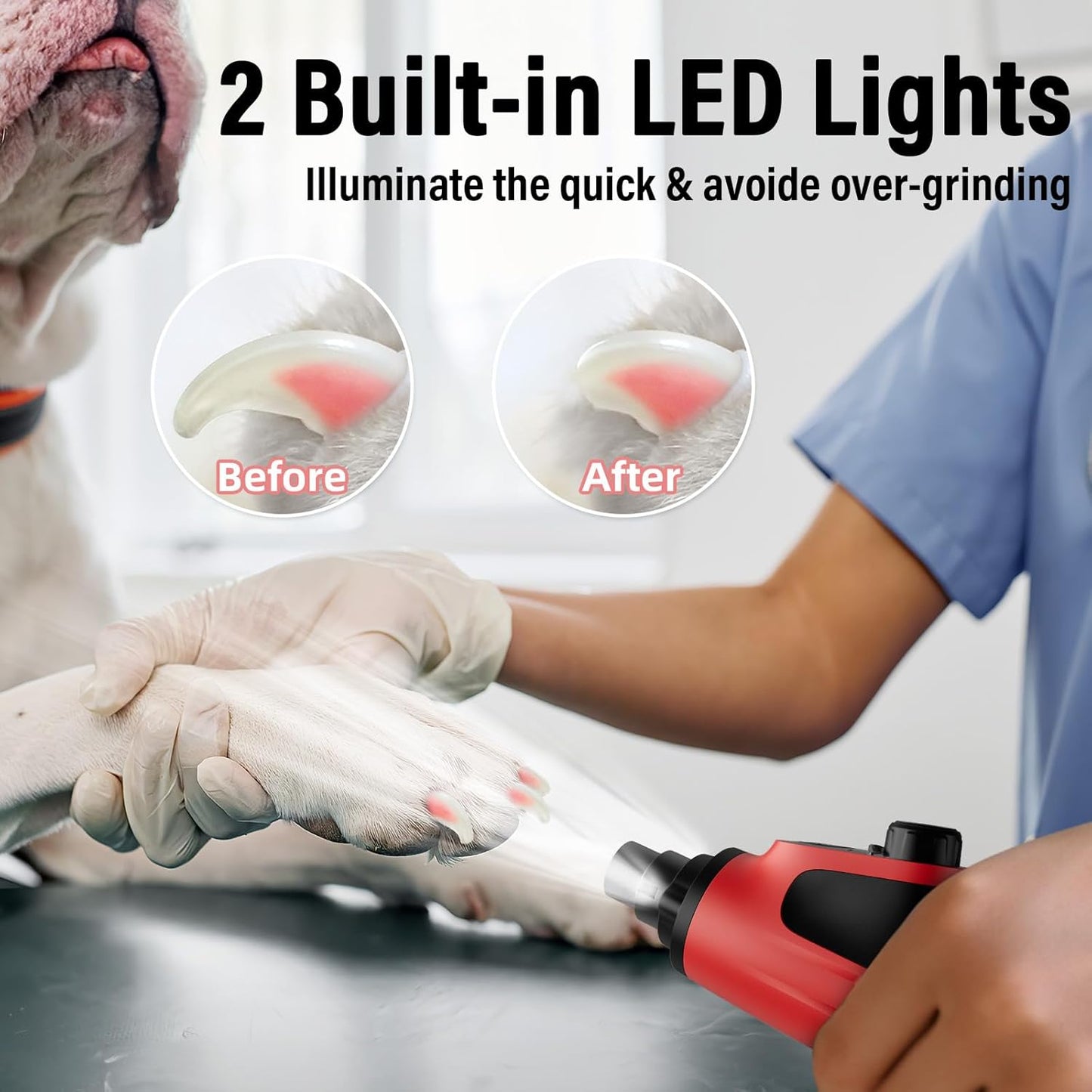 Casfuy Smart 6-Speed Dog Nail Grinder - 50% More Power Pet Nail Grinder with 2 LED Lights Quiet Rechargeable Electric Dog Nail Trimmers File Toenail Grinder for Large Medium Small Dogs & Cats (Red)