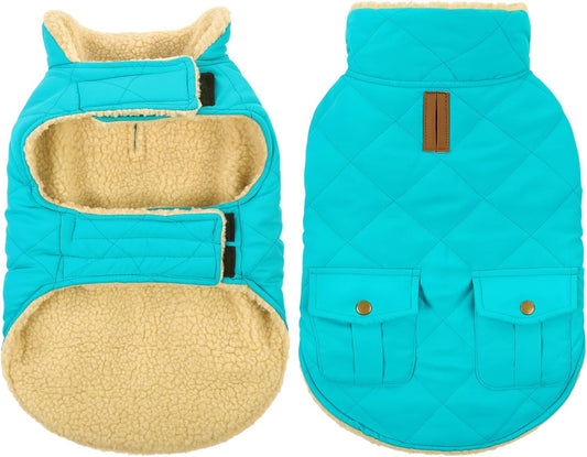 Queenmore Warm Dog Coat, Cold Weather Puffer Dog Coat Vest, Quilting Winter Pet Jacket Ultra Thick Plush Fleece Lining Pet Clothes for Dogs with Storage Pockets (Light Blue, Medium)