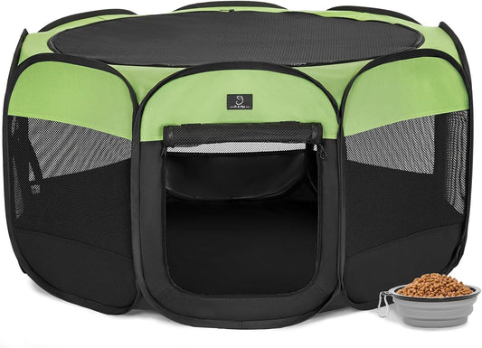 A4Pet Puppy Playpen Indoor, 39.5” Portable Pet Playpen with Bowl, Suitable for Puppies, Kittens, and Small Animals, Removable Zipper & Mesh Panel(16”W × 10”H)
