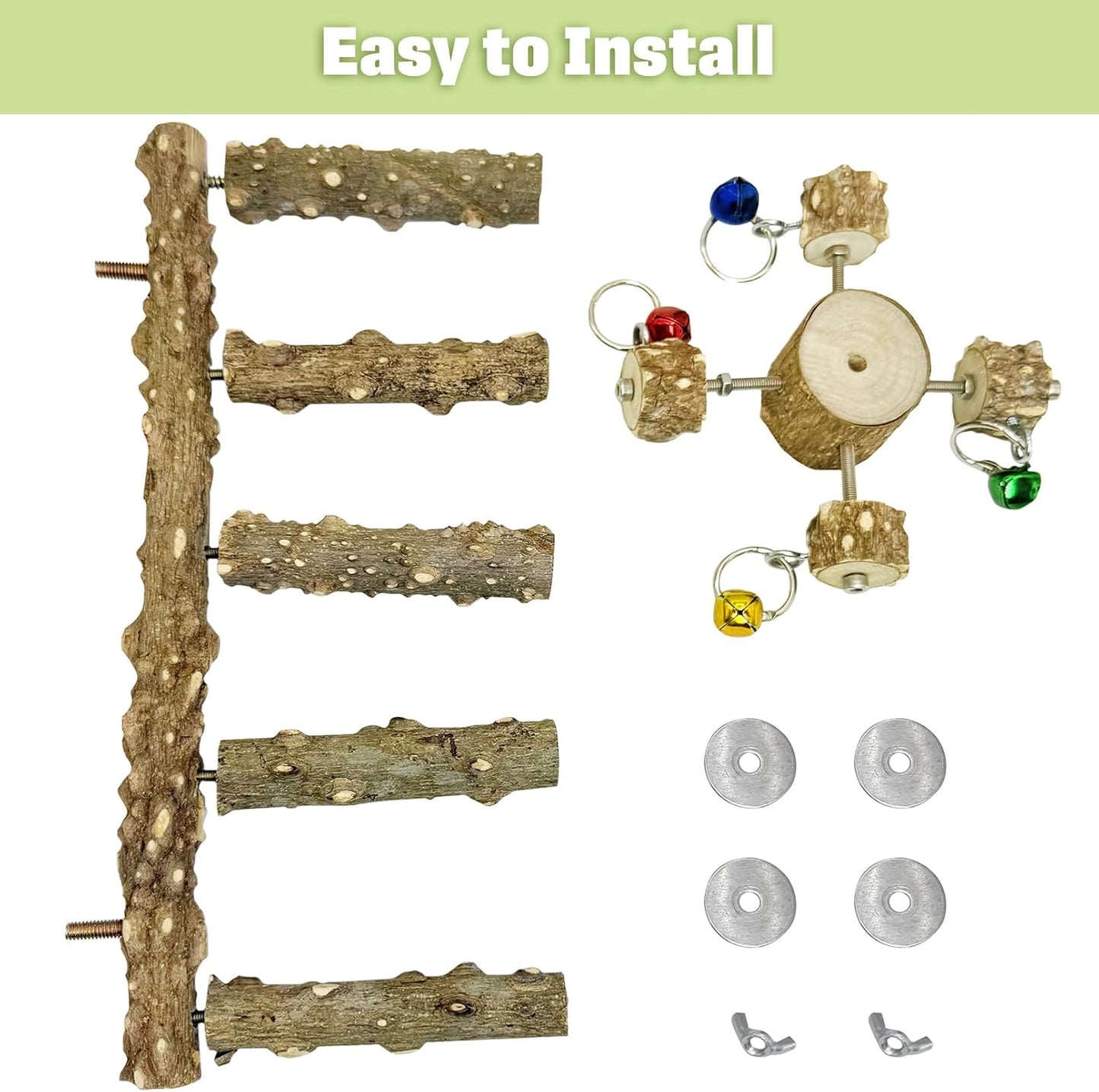 BNOSDM Natural Wood Bird Ladder Perch with Rotating Bell Toys-Exercise Stands for Parrot Climbing Chewing Parakeet Bridge Cage Accessories for Cockatiel, Conures, Lovebirds, Budgie