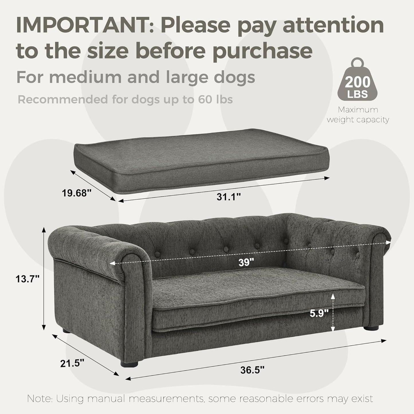Dog Sofa Couch for Medium Dogs, 31" Memory Foam Dog Couch with Washable Fabric, Removable Cushion, Sofa Bed for Medium Dogs, Grey