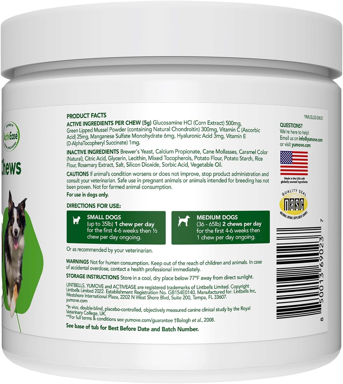 YuMOVE Hip & Joint Supplement for Dogs - With Glucosamine Chondroiton, Green Lipped Mussel , Hyaluronic Acid, and Omega 3 Joint Supplement for Stiffness and Mobility - 60 Chews (Small/Medium Dogs)