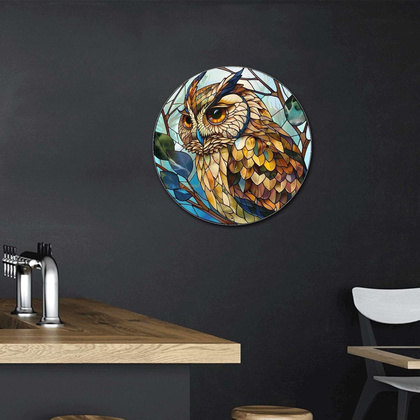 Lygond Metal Sign Tin Sign Circular Stained Glass Owl Bathroom Signs for Home for Garden 12×12 Inches