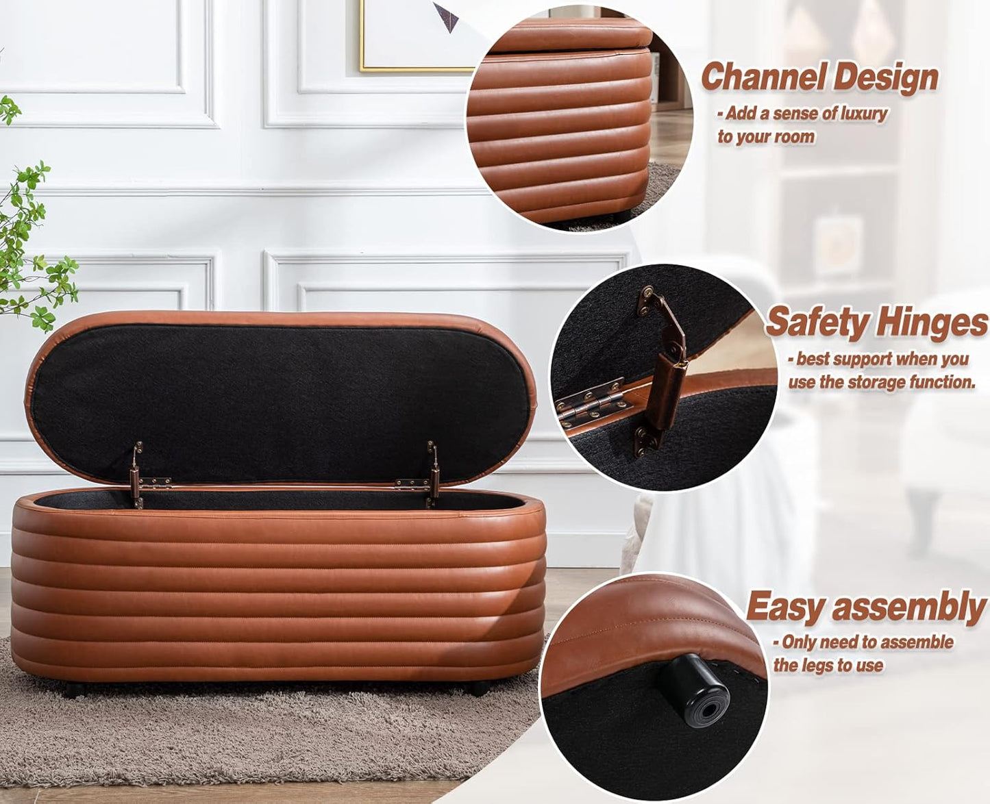 Kmax Storage Bench PU Leather Entryway Bench Upholstered Ottoman Bench for Bedroom Living Room Hallway, Brown