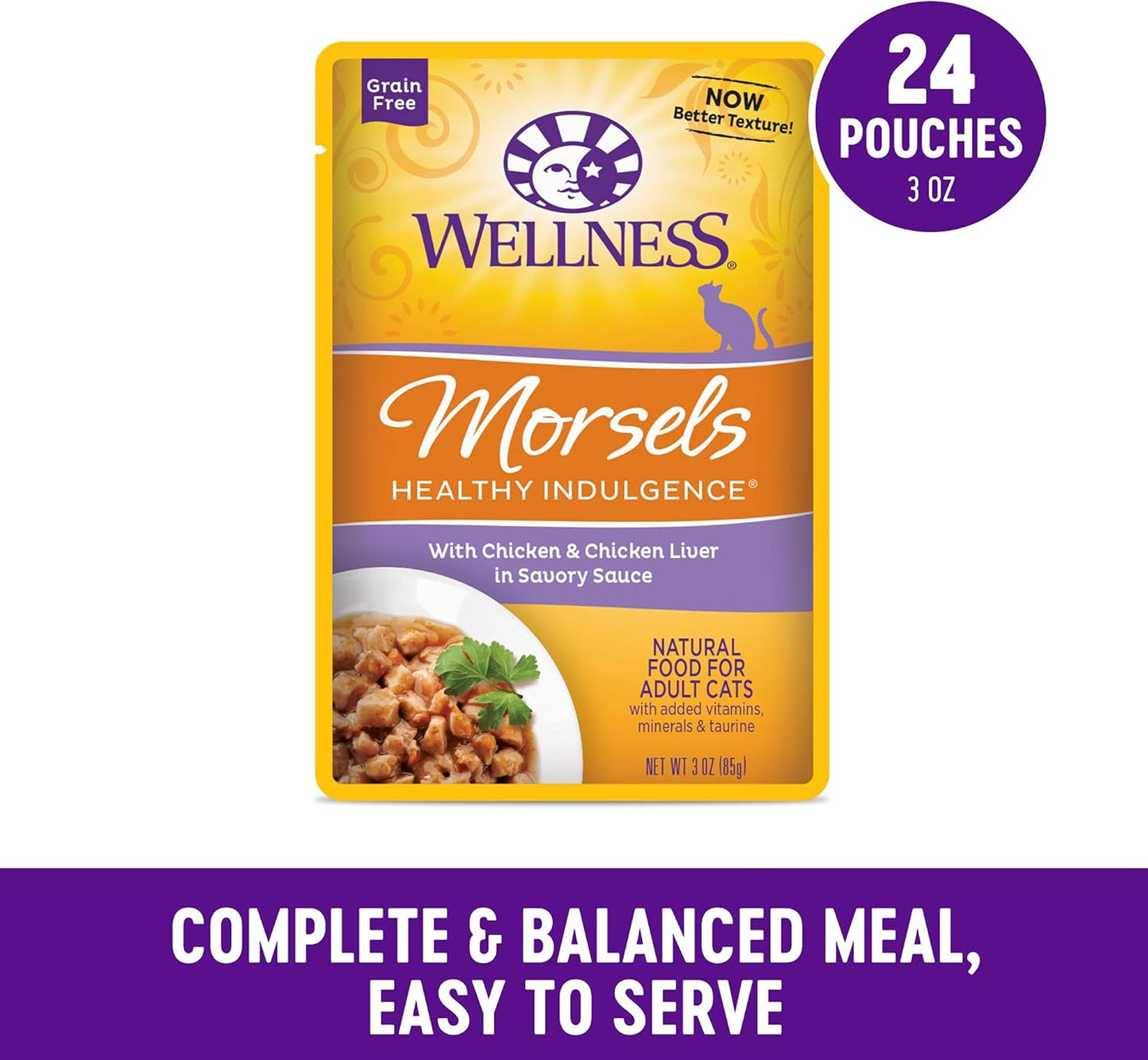 Wellness Healthly Indulgence Morsels Adult Wet Cat Food, Natural, Protein-Rich, Grain-Free, 3 Ounce Pouch, 24 Pack, (Chicken & Chicken Liver)