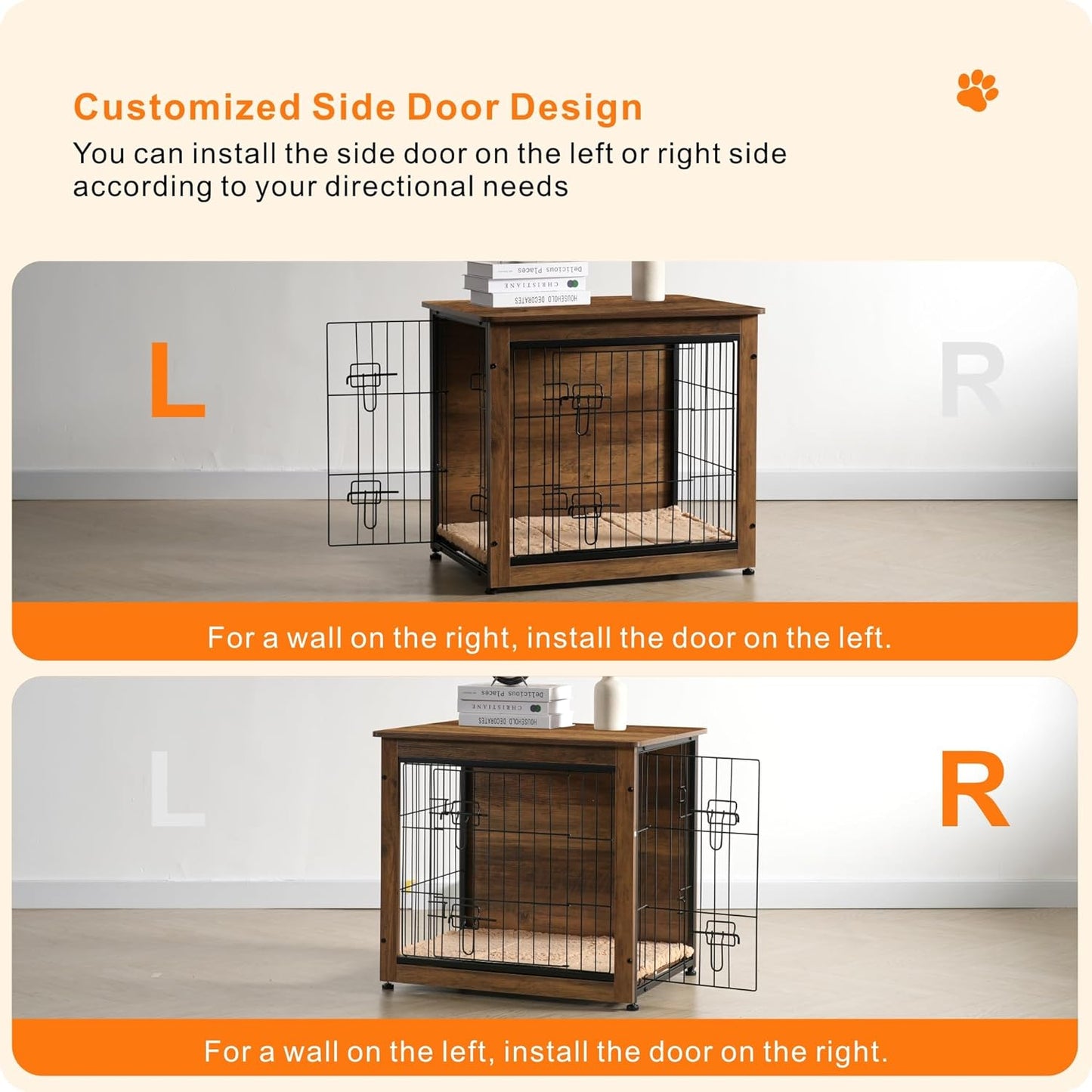 DWANTON Dog Crate Furniture with Cushion, Wooden Kennel Table with Double Doors, Indoor Dog House, Small/Medium/Large Size, 27.2" L, Warm Brown
