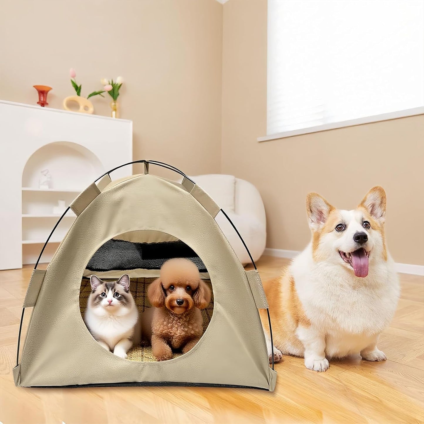 BreezyDen Pop-Up Pet Tent – Portable Hideaway for Cats & Small Dogs, Portable Indoor/Outdoor Pet Tent House with Mesh Window, Waterproof, Breathable, Scratch-Resistant, Fully Washable (Beige,M)