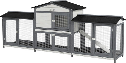 PawHut 90.5" Wooden Rabbit Hutch Bunny Cage Pet Playpen House Enclosure with Double Side Run Boxes, No Leak Tray, Ramp, for Guinea Pig and Small Animals, Light Gray