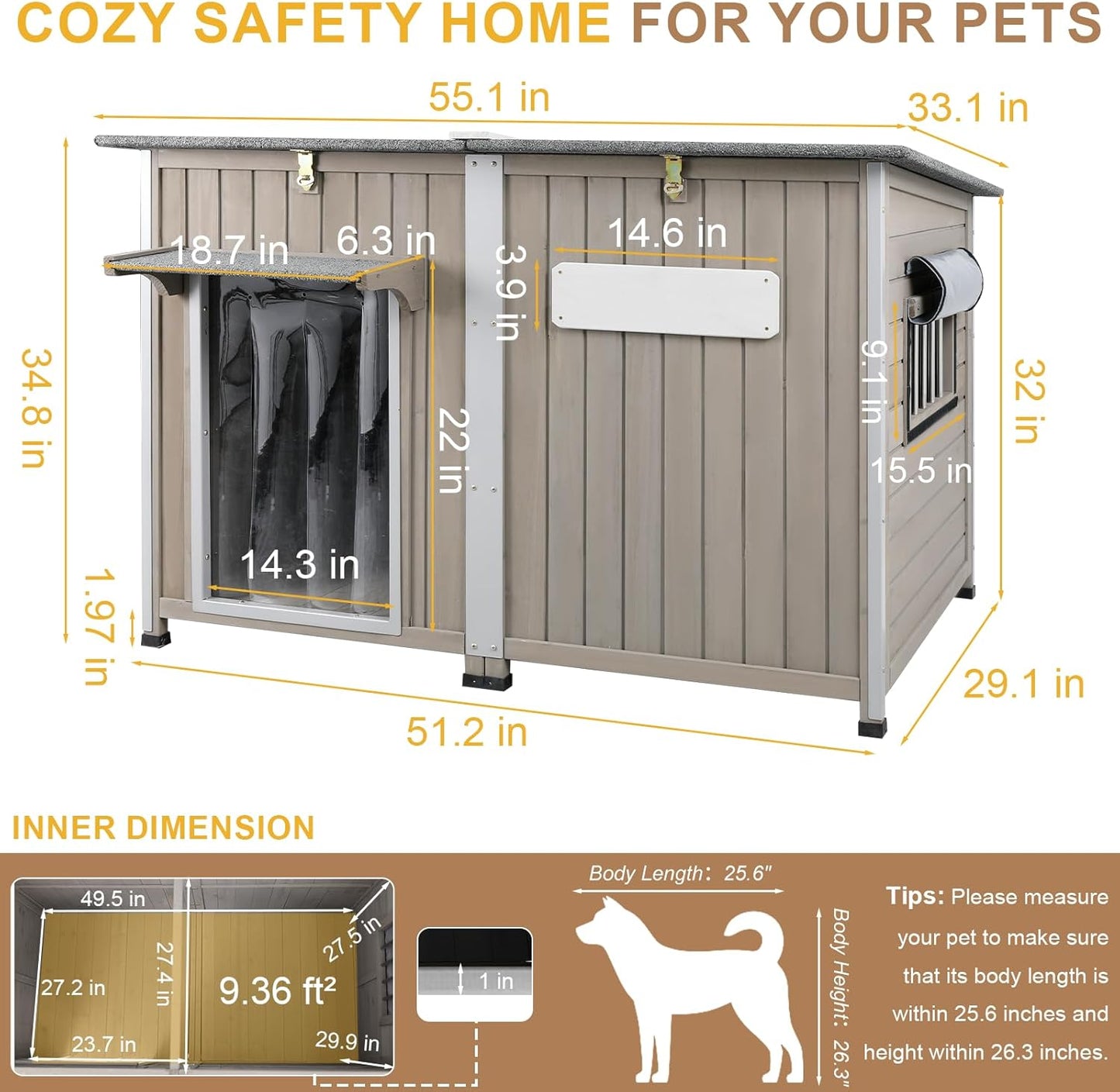 Weatherproof Outdoor Dog House, Wooden Puppy Shelter with Anti-Chewing Iron Frame and Elevated Floor, Sturdy Dog Kennel for Small, Medium & Large Dogs, Grey (Gray, 51" L x 29" W x 32" H)