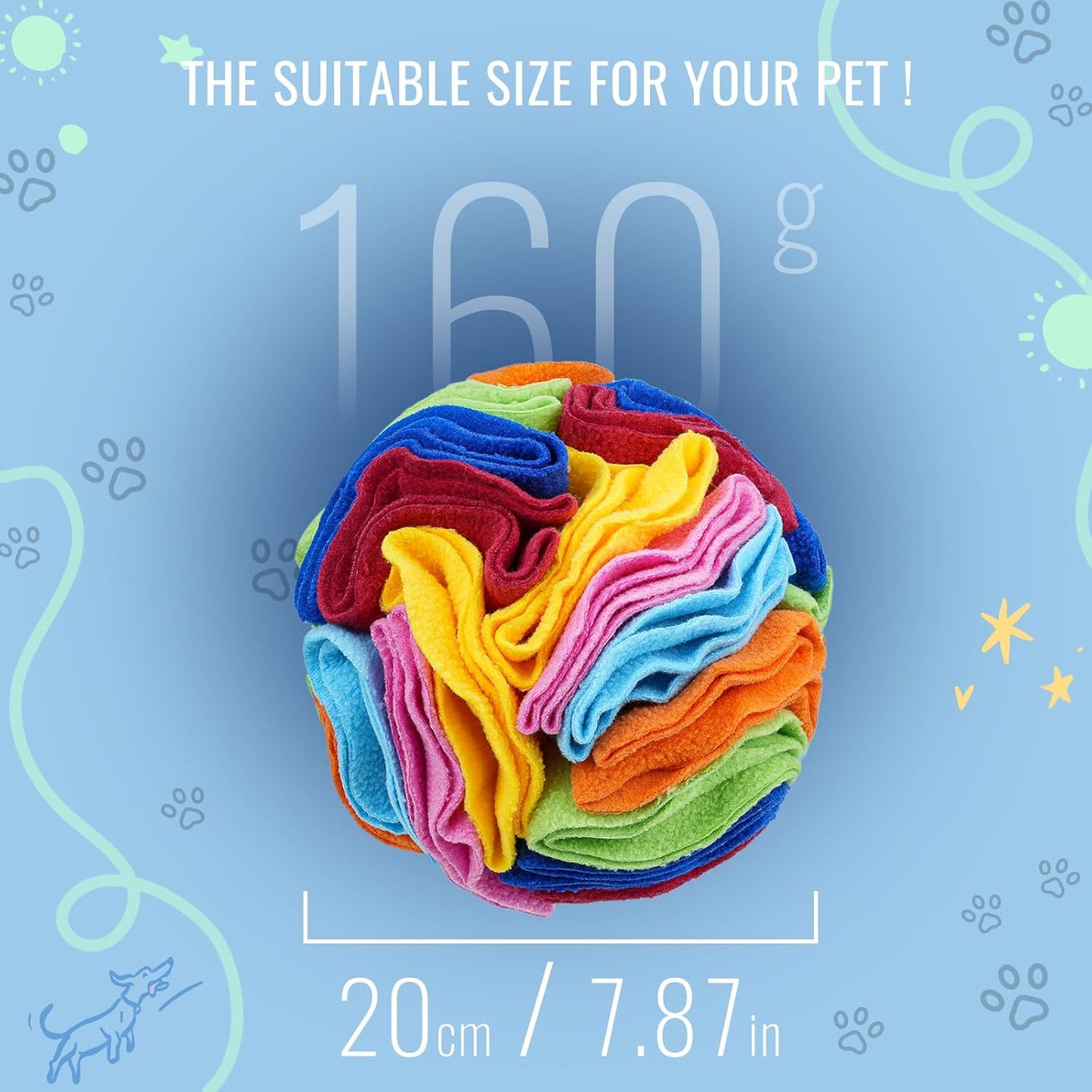 Pet Snuffle Ball, Puzzle Sniffing Interactive Dog Ball for Blind Dogs Training Stress Relief Dog Enrichment Toys Treat Machine Washable (20cm, Rainbow Color Upgrade)