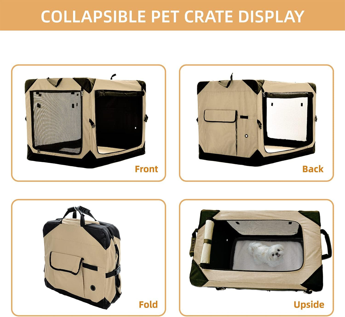 Pettycare 30 Inch Collapsible Dog Crate for Medium Dogs, 4-Door Foldable Soft Dog Kennel with Chew Proof Mesh Windows, Indoor & Outdoor Travel Dog Crate, Beige