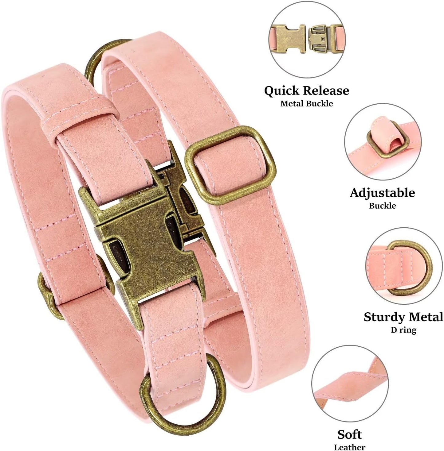 Didog Soft PU Leather Dog Collar, Stylish Quick Released Dog Collar for Large Dogs, Easy Clean Adjustable Pet Collar for Daily Walking, Pink, L Fit 15-23" Neck