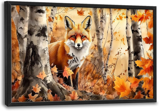 Large Fox Wall Art for Living Room, Framed Oversized Fall Autumn Forest Wall Decor Tree Maple Leaves Canvas Painting Modern Artwork for Living Room Bathroom Bedroom Office Dining Room 36"x24"