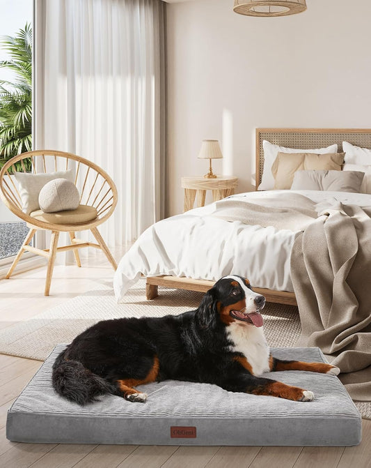 OhGeni Orthopedic Waterproof & Machine Washable Dog Bed for Extra Large Pets, Wider & Larger Size, Cat Mat with 25D Egg Crate Foam, Removable Cover & Invisible Zipper, 54 Inches(Gray)