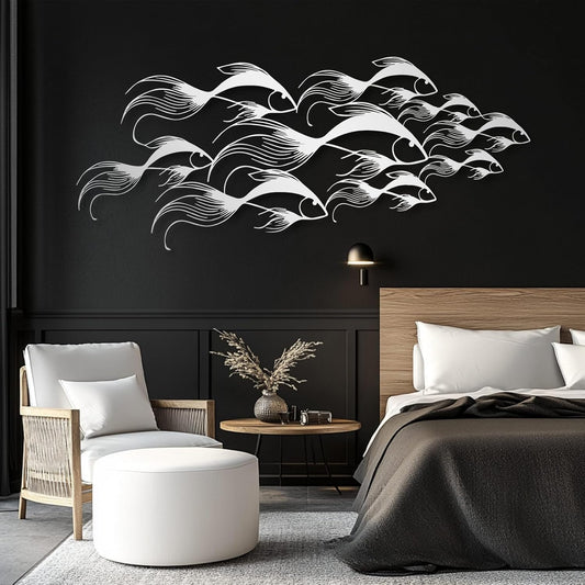 School of Fish Metal Wall Art, Metal Fish Wall Decor, Sea Life Wall Art, Large Nautical Wall Hanging, Modern Beach House Wall Decor, Ocean Themed Artwork for Bathroom (Silver, 48"x20" | 121x51cm)