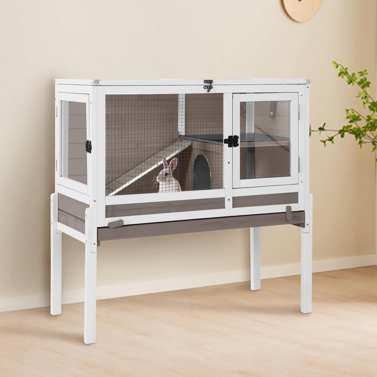 GUTINNEEN Guinea Pig Cage Rabbit Cage Indoor with Chew-Proof Edges, Clean Deep Tray, Leakproof PVC Layer, Small Animals Cage with Adjustable Legs - Brown