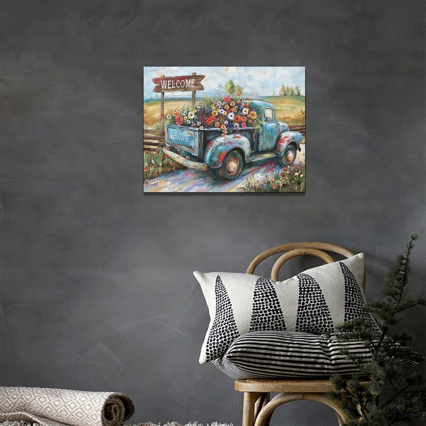 Farmhouse Truck Wall Art Rustic Country Wildflowers Wall Decor Road Flowers Landscape Pictures Canvas Print Painting Artwork for Bathroom Living Room Bedroom 12"x16"
